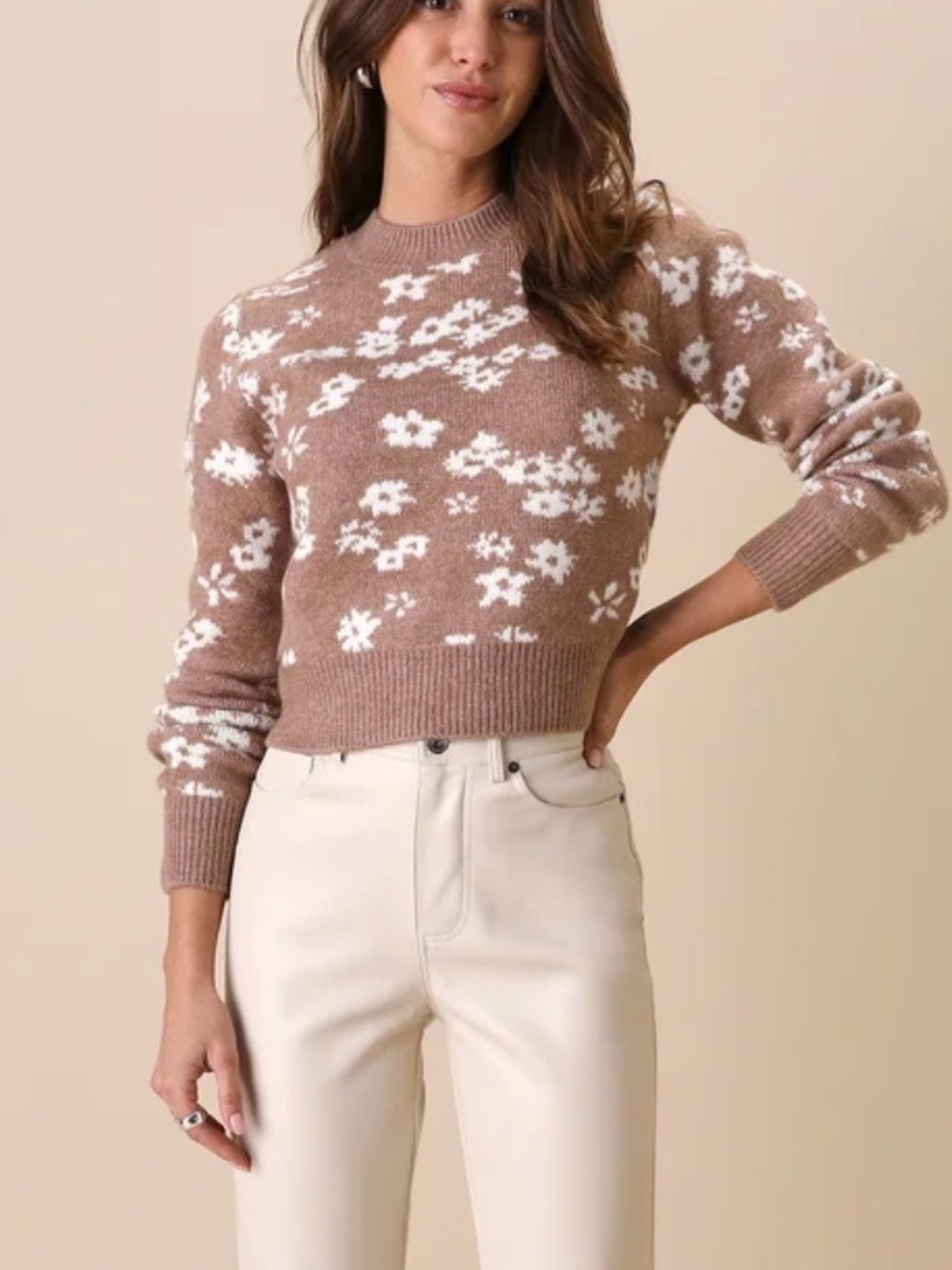 Z Supply Tory Light Brown Crewneck Sweater With White Floral Print, Cropped, XS